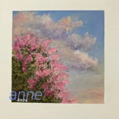 【オリジナル原画】　オイルパステル　夕焼けとサルスベリの花　パステル　絵画　夏