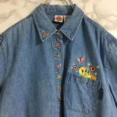 ルーニーテューンズ ワンポイント刺繍 襟ロゴ シャンブレーシャツ XL 水色