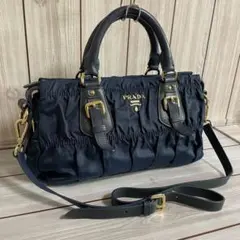 【美品】PRADA ショルダー ハンド 2way ナイロン レザー ロゴギャザー
