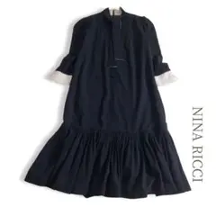 ニナリッチNINA RICCI●レトロクラシカル モノトーンワンピース ボウタイ