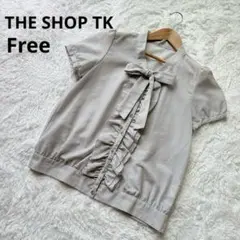 THE SHOP TKMIXPICEサークル柄グレー リボン付き 半袖ブラウス
