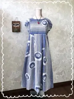 【縞木綿】sizeM~L　ウエスト切り替えワンピース　着物リメイク　2032 MALK online store 】 NATURAL LAUNDRY / リネン切り替え
