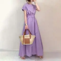 ラスト1点ロングワンピースパープルワンピ半袖リゾート着痩せ大人可愛い韓国きれいめ