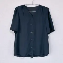 【美品】LES MUES◆半袖ブラウス◆Vネック◆裏地付き◆ネイビー◆M