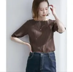 美品　ロペピクニック　 スカラップネック　五分袖ニット　38 ブラウン