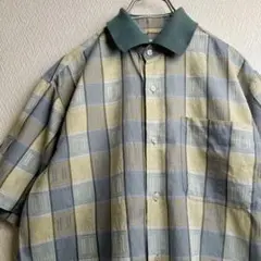古着 レトロ シャツ 柄シャツ 襟リブ チェック デザインシャツ 半袖