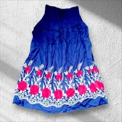 【美品】刺繍入りブルースカート 花柄 デザインフレア フリーサイズ