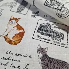 ★Paris Cat<シャンタン>生地 布 はぎれ[白系]