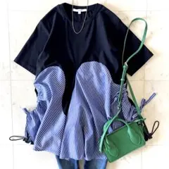 美品 アンスリード ウェーブラインTシャツ ストライプ 切り替え ドッキング Ｍ