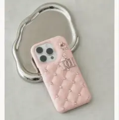 キルティングビジューDDチャームiPhoneケース ピンク iPhone15