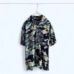 古着　木ボタン　総柄 Raffrule 半袖アロハシャツ M ネイビー