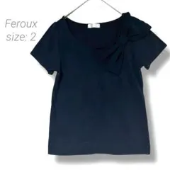 【フェルゥ】ラウンドネックリボン付き半袖Tシャツ 2 濃紺 コットン混