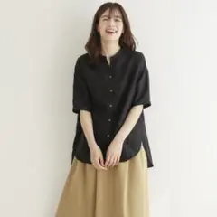 【美品】LBC リネン　スタンドカラー五分袖シャツ　Mサイズ　a995