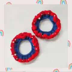万博コーデ　ハンドメイド　ミャクミャクカラー　シュシュ　コットン糸　パールつき