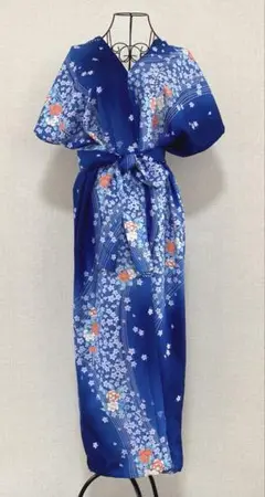 着物リメイク花柄青色ワンピースチュニック
