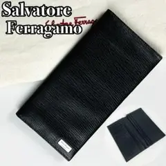【美品】フェラガモ メンズ 長財布 札入れ 本革 ロゴプレート シルバー金具