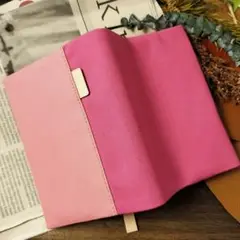 【文庫本サイズ】ブックカバー　帆布　サーモンピンク×カーネーションピンク(タグ