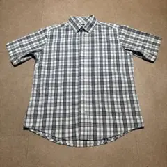 George シャツ　半袖　チェック　白　青　グレー　M