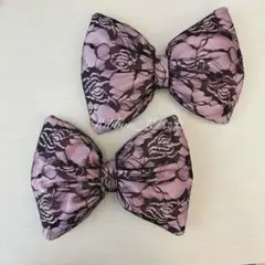 ピンク×黒花柄レースリボン　2個セット　盛り髪　体育祭