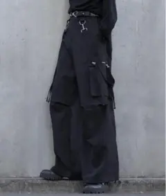 LILLルーズシルエットハイウエストサスペンダーZIPポケットデニムカーゴパンツ
