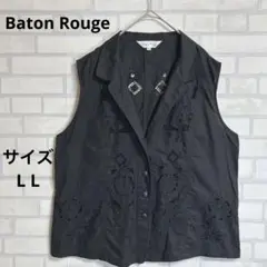 【Baton Rouge】麻混　黒/ブラック　刺繍　ベスト　清涼感　薄手　LL
