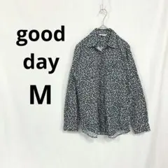 【good day】 コーデュロイシャツ M 青系 花柄 長袖 綿100%
