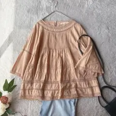 美品(L)七分袖シャツ/ブラウス/シャーリング/綿100%/フレア/ギャザー