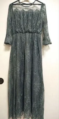 タグ付◆レースレディースモスグリーン 七分袖 レースワンピースドレス　結婚式　Ｌ