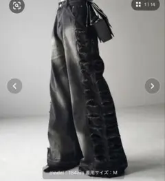 meemselectヘビークラッシュサイドダメージブラックヴィンテージデニムXL