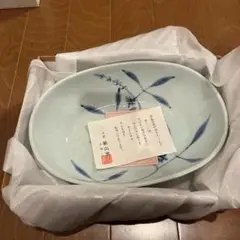 敏山窯 青い花柄 陶磁器皿 楕円形