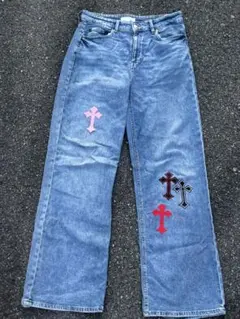 一点物リメイクデニムパンツ クロスパッチ入り ストリート系