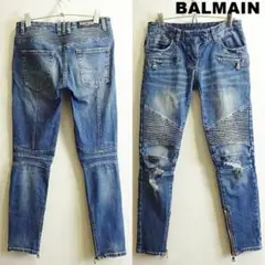 BALMAIN バイカースキニーデニム W73cm ストレッチ 藍青 イタリア製