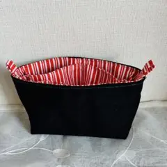 黒デニム地と赤白のストライプのバッグインバッグ コンパクトサイズ