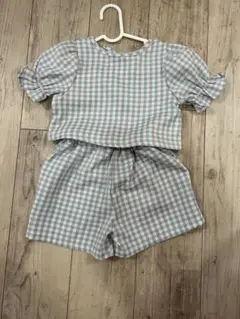 【美品】水色チェック柄セットアップ