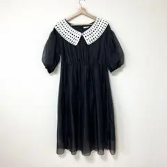美品　merlot plus 黒 レース襟 パフスリーブ ワンピース