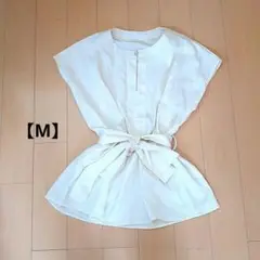 アイボリー 半袖シャツ ウエストリボン付き　M
