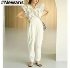 美品　#Newansハッシュニュアンス　ラッフルフリルオールインワン　ホワイト