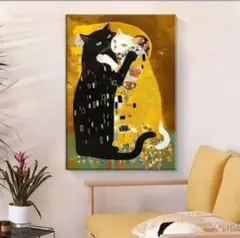 グスタフクリムトデザイン　猫の接吻キス　アクリル画仕様キャンバス画30 x 42