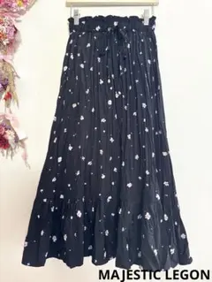 マジェスティックレゴン　花柄プリントプリーツロングフレアスカートM 黒