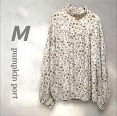 シフォンカットソー【Ｍ】長袖 ハイネック フリル 花柄 ベージュ ブラウン　秋春