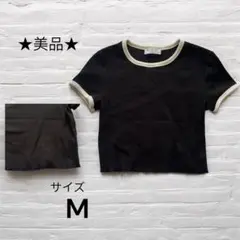 リブ編み ブラック Tシャツ Mサイズ　レディース