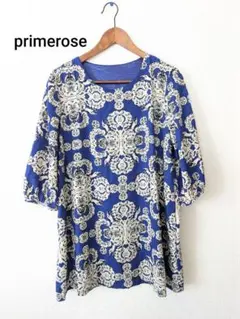 美品　primerose　 花柄　 五分袖　チュニック　ブルー　F