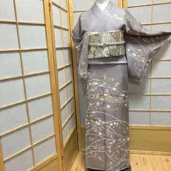 ［4408］訪問着 美品 未使用 扇梅笹文様 金彩 駒刺繍 正絹 着物 袷