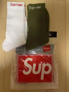 【新品未使用】Supreme Hanesソックス 2足セット ホワイト カーキ