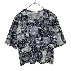 サナヤ　総柄トップス　花柄　肩パッド入り　ブラック ビジュー 5分袖 ミセス 麻