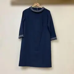 ネイビー ビーズ装飾 七分袖ワンピース　オケージョン