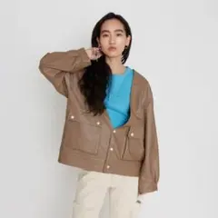 ECO LEATHERノーカラージャケット(モカ, FREE)