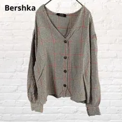 9263Bershka♡ベルシュカ グレンチェックブラウス VネックM 茶色羽織