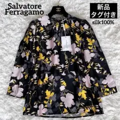 新品タグ付き✨【フェラガモ】シルク100%花柄シャツブラウス 総柄 ブラック38