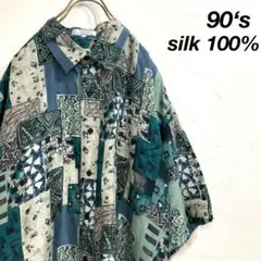 【高級シルク100％】 90’s Snow 総柄 シルクシャツ レトロシャツ